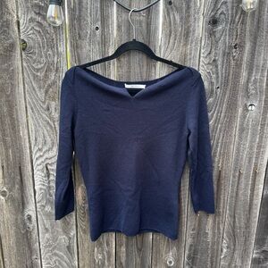 The Fold Mariner Merino Wool Open V Neck Navy Blue Jumper Sweater Size Medium